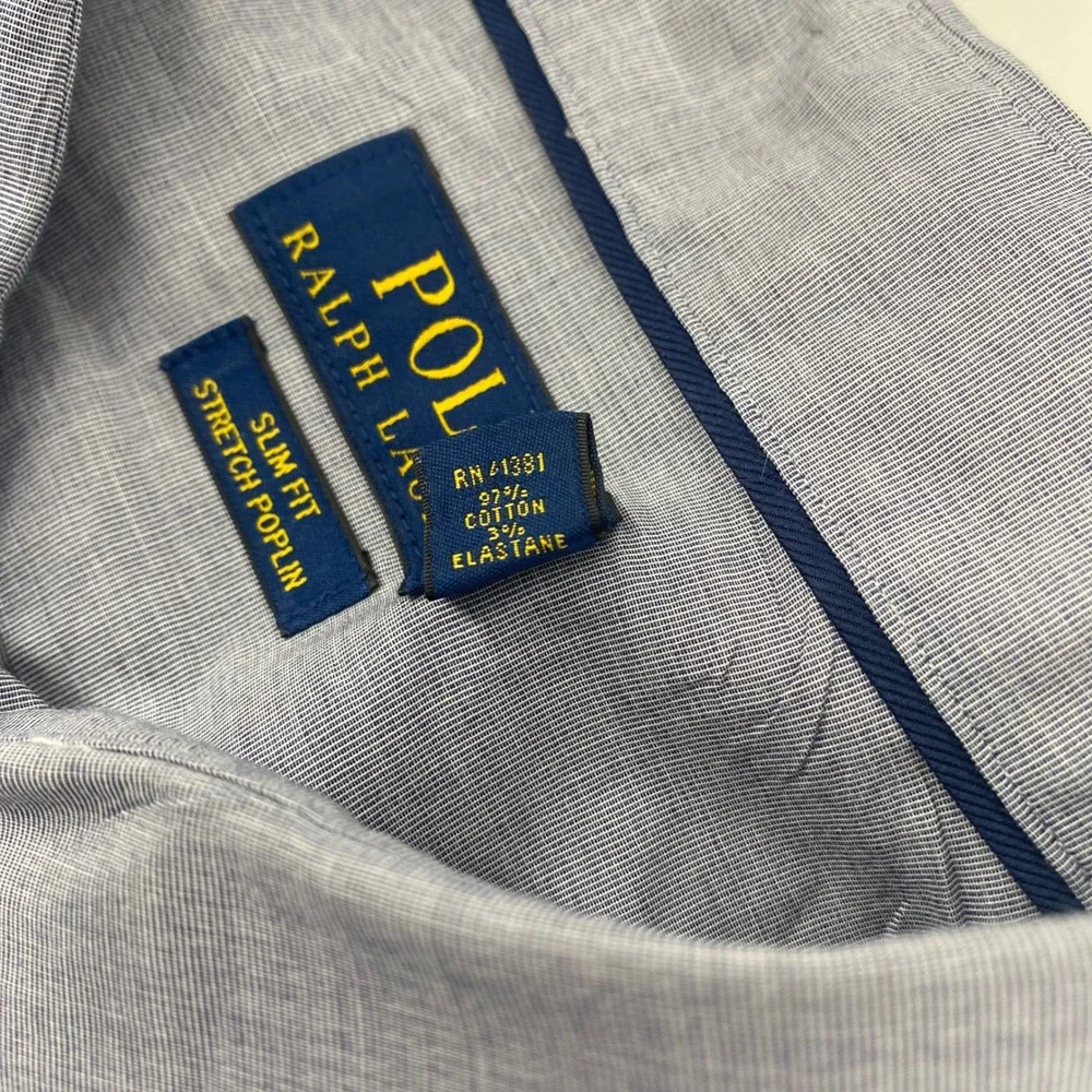 Polo Ralph Lauren Button Down Mens XXL‎ Blue Slim Fit Stretch Poplin Micro Check